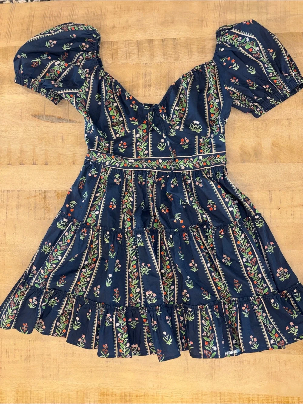 Pinch Boutique Navy Blue Floral Tiered Mini Dress Large NWT 100% Cotton Feminine - Picture 5 of 9